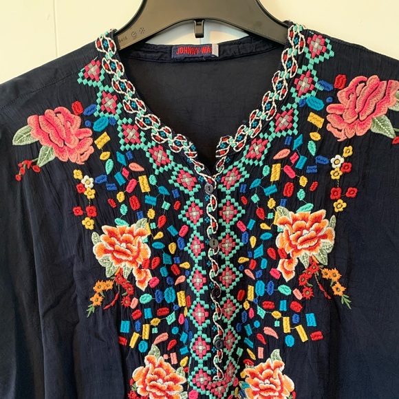 Johnny was Embroidered Blouse Top Tunic XXL -2XL Navy Blue embroidered $278 - Picture 3 of 6